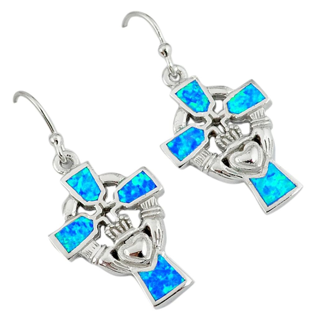 Blue australian opal (lab) 925 silver holy cross claddagh earrings a36845