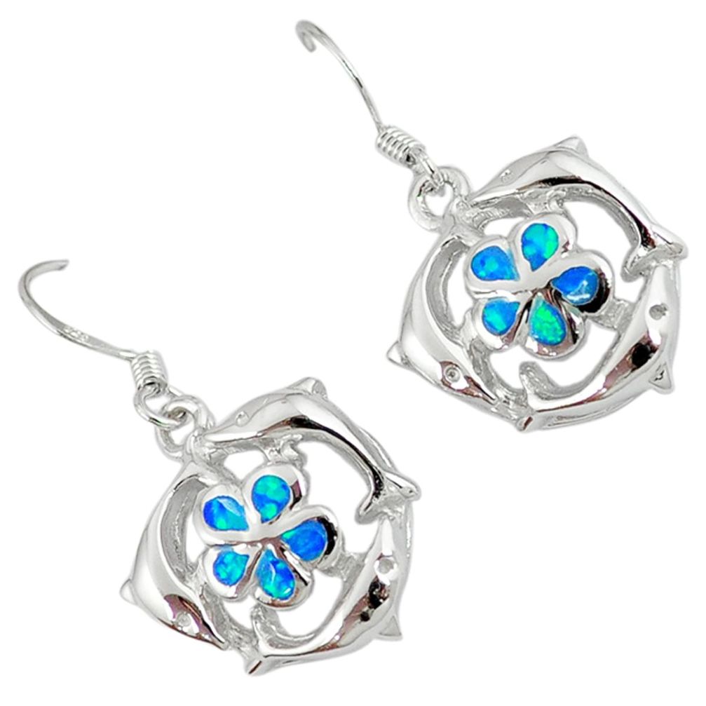 Blue australian opal (lab) 925 silver dolphin with flower earrings a36848