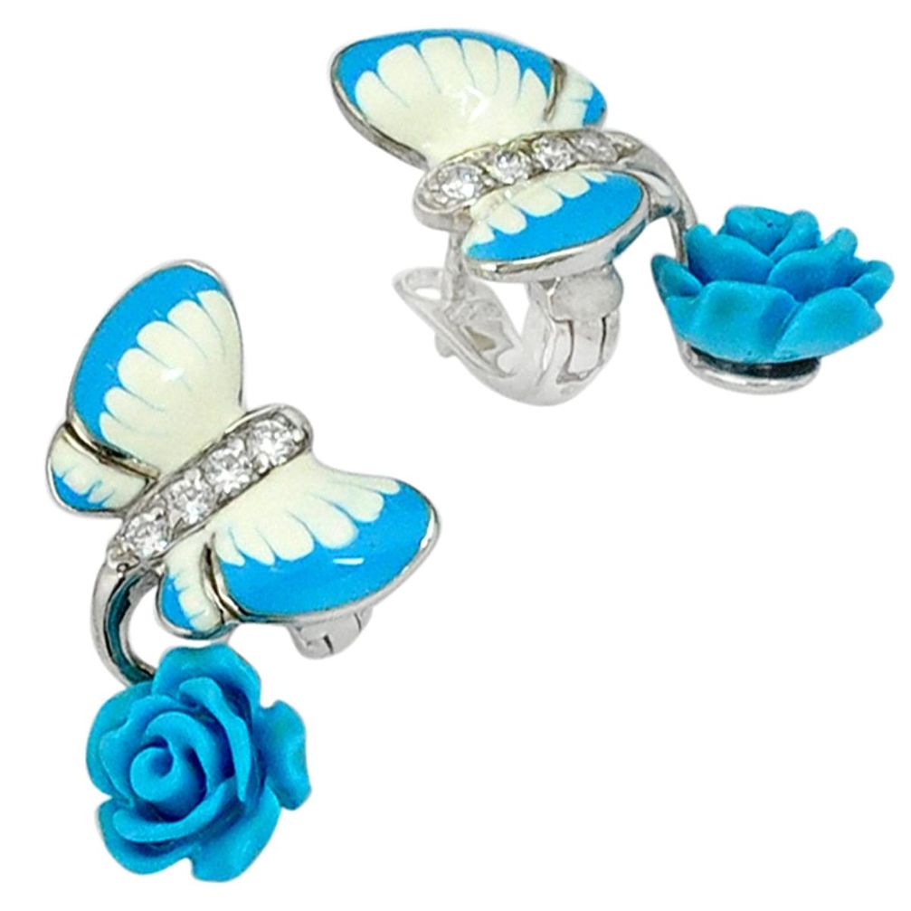 Natural white topaz enamel 925 silver butterfly with flower earrings a36963