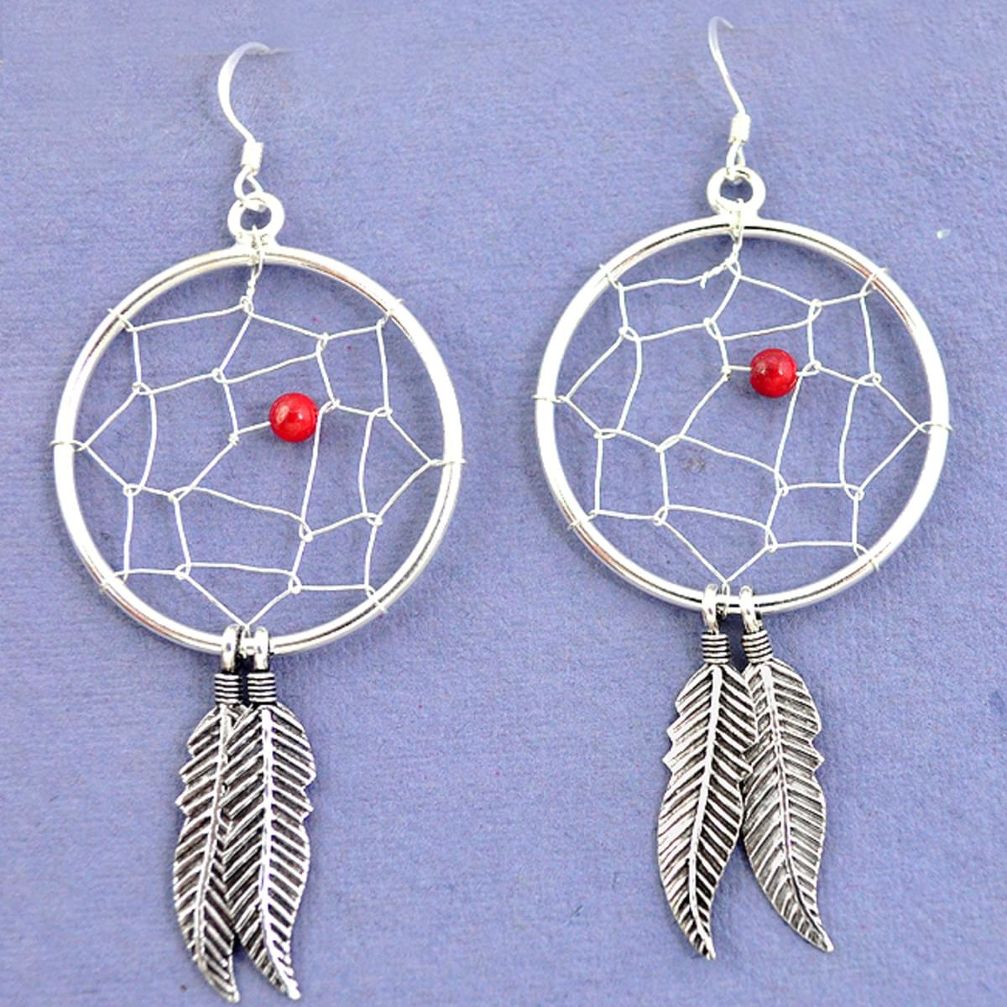 Red coral 925 sterling silver dreamcatcher earrings jewelry a37401