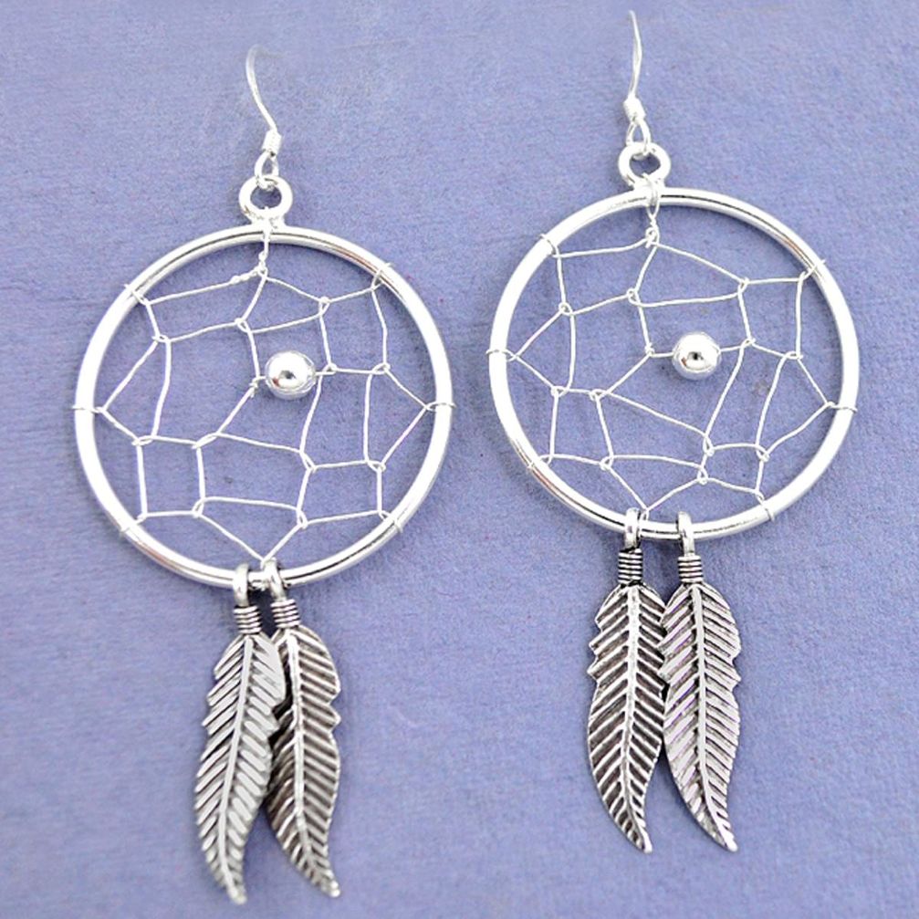 Natural indonesian bali style solid 925 silver dreamcatcher earrings a37404