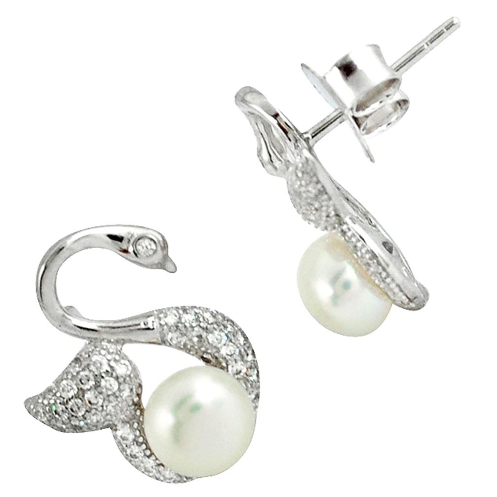 Natural white pearl round topaz 925 sterling silver stud earrings a37585