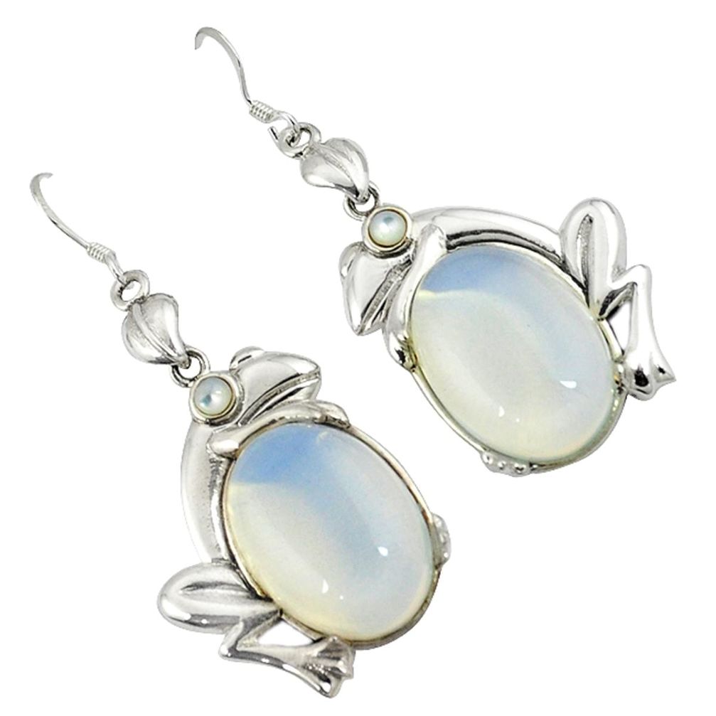 Natural white opalite oval pearl 925 sterling silver frog earrings a38922