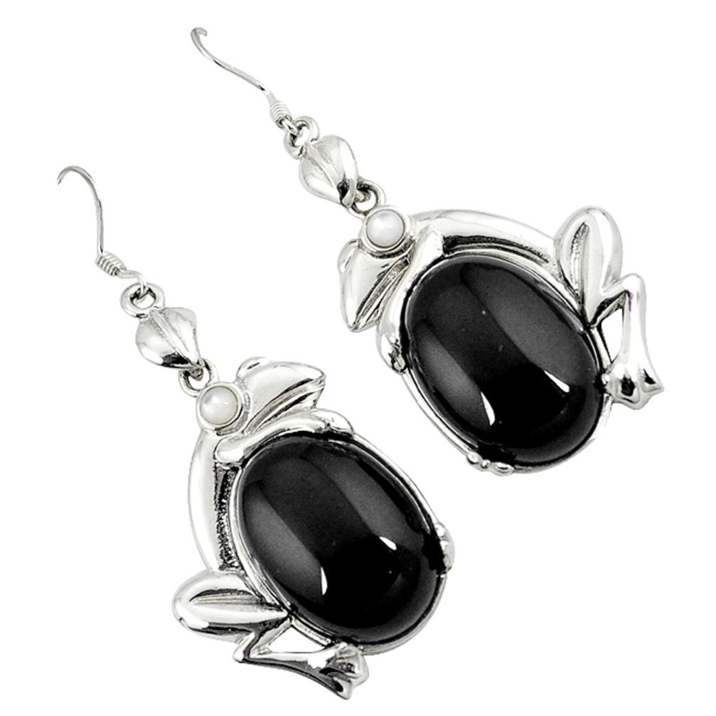 Natural black onyx pearl 925 sterling silver frog earrings a38923