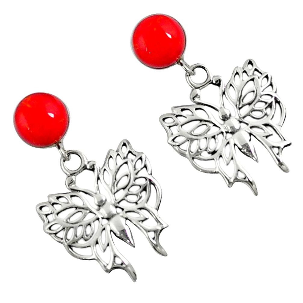 Red coral round 925 sterling silver butterfly earrings jewelry a40161