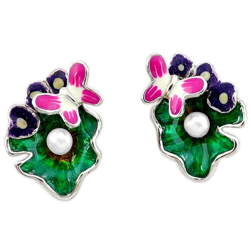 Natural white pearl enamel 925 sterling silver butterfly earrings jewelry a40902