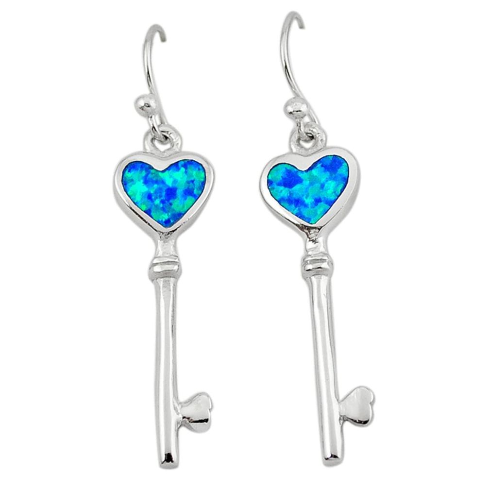 Blue australian opal (lab) enamel 925 silver dangle gemexi key earrings a41062