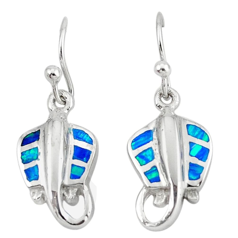 Blue australian opal (lab) enamel 925 silver dangle fish earrings a41065