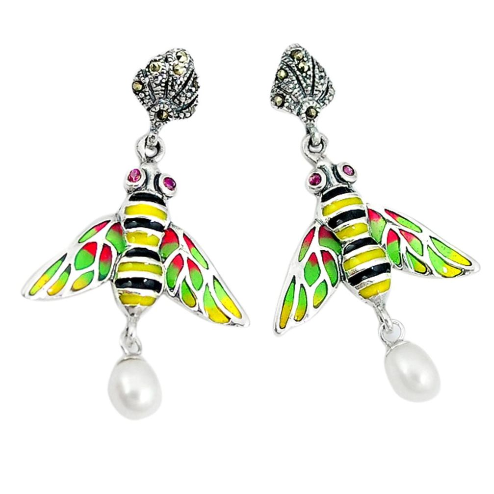 925 sterling silver natural white pearl ruby enamel honey bee earrings a43080