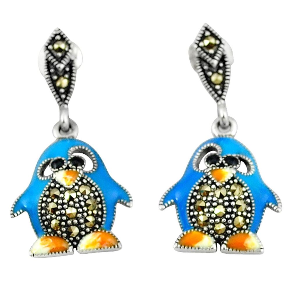 Fine marcasite enamel 925 sterling silver dangle penguin earrings jewelry a45233