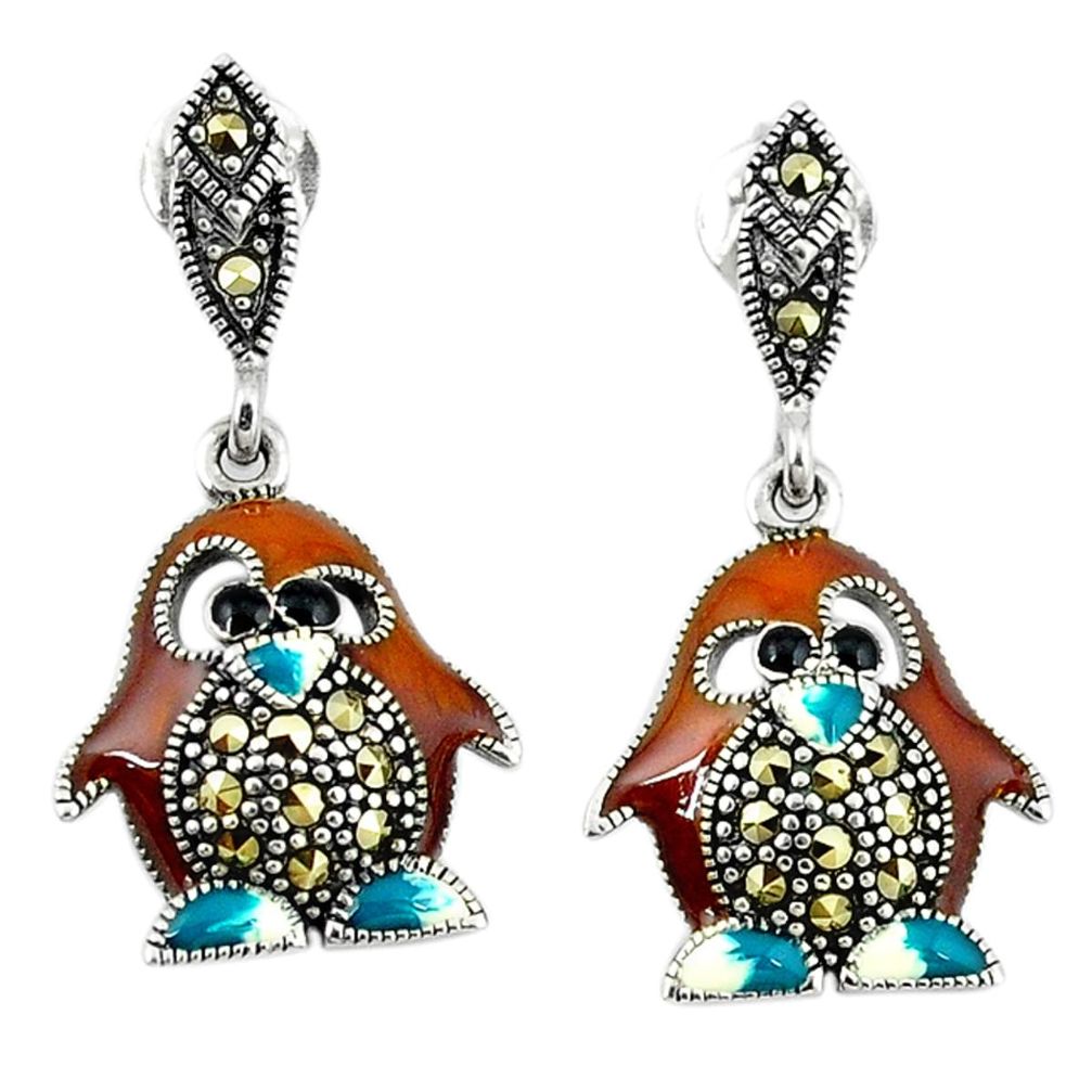 Clearance Sale-Fine marcasite enamel 925 sterling silver dangle penguin earrings jewelry a45239