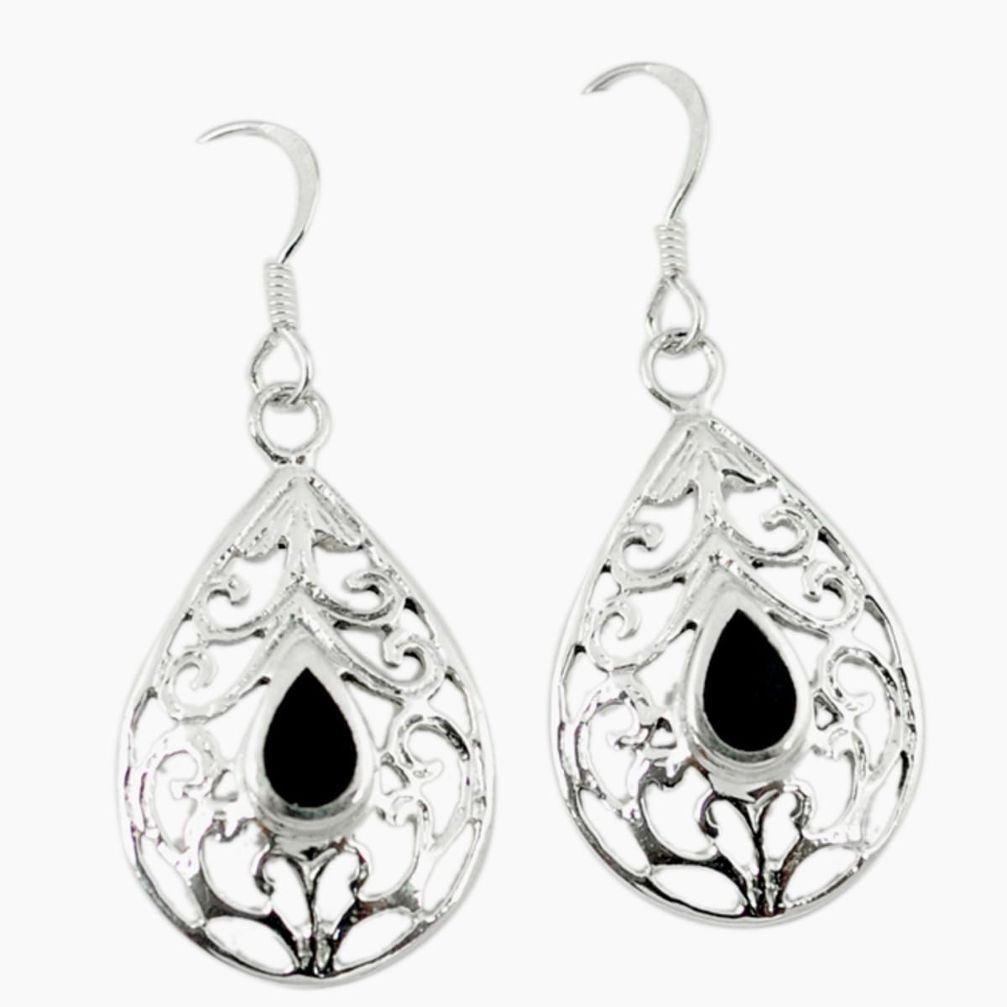 4.02gms natural black onyx enamel 925 sterling silver dangle earrings a45672