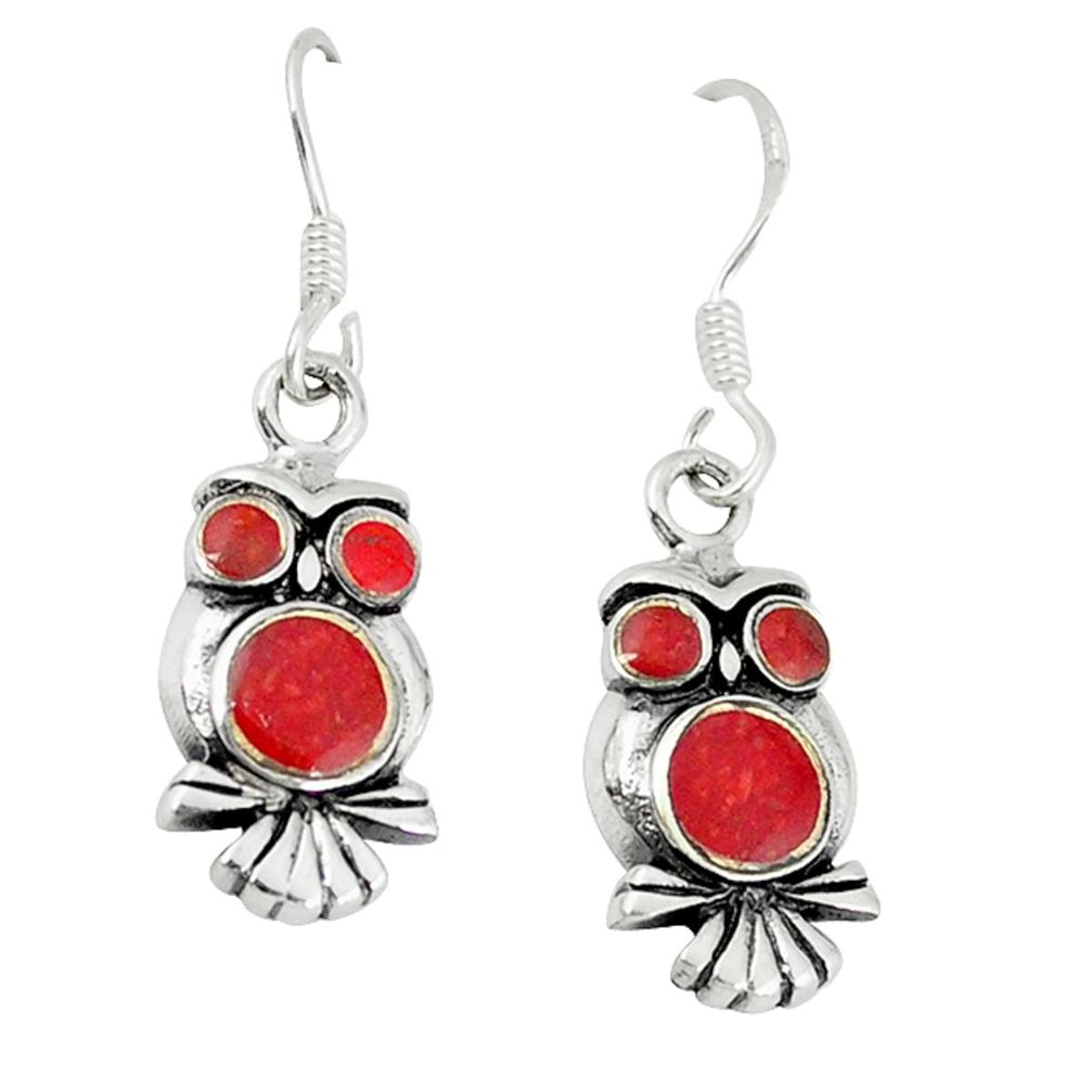4.69gms red coral enamel 925 sterling silver owl earrings jewelry a46342
