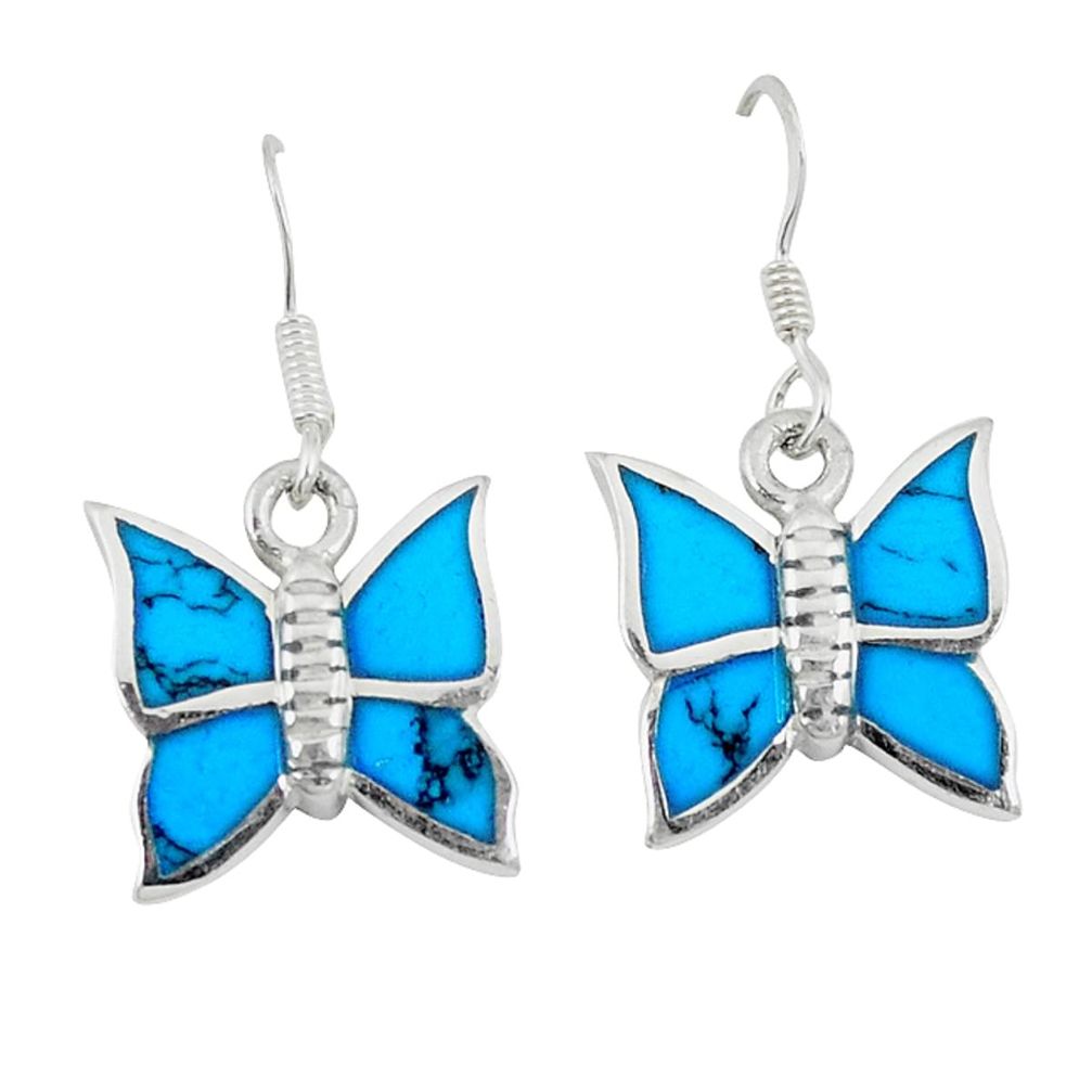 5.27gms fine blue turquoise enamel 925 sterling silver butterfly earrings a46345
