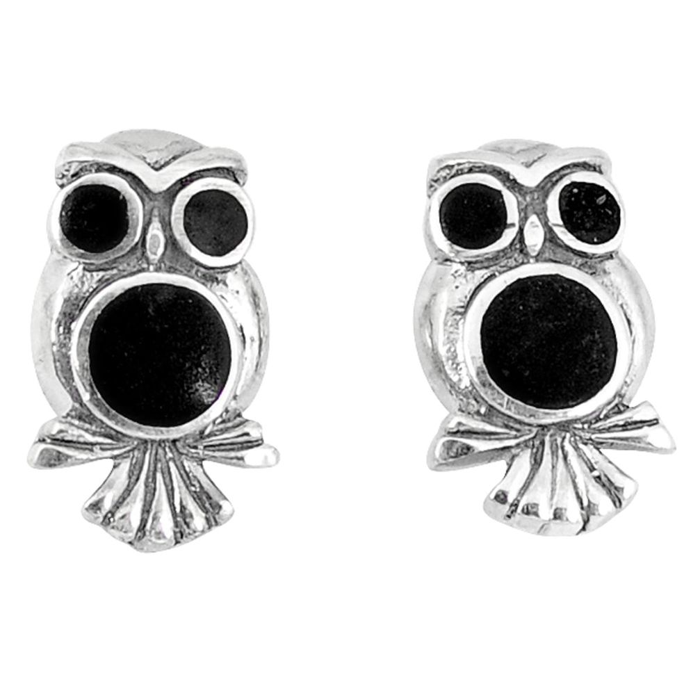 4.28gms natural black onyx enamel 925 sterling silver owl earrings a46380