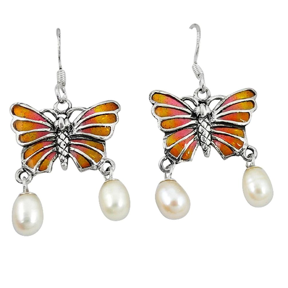 Clearance Sale-925 sterling silver natural white pearl enamel butterfly earrings a49386