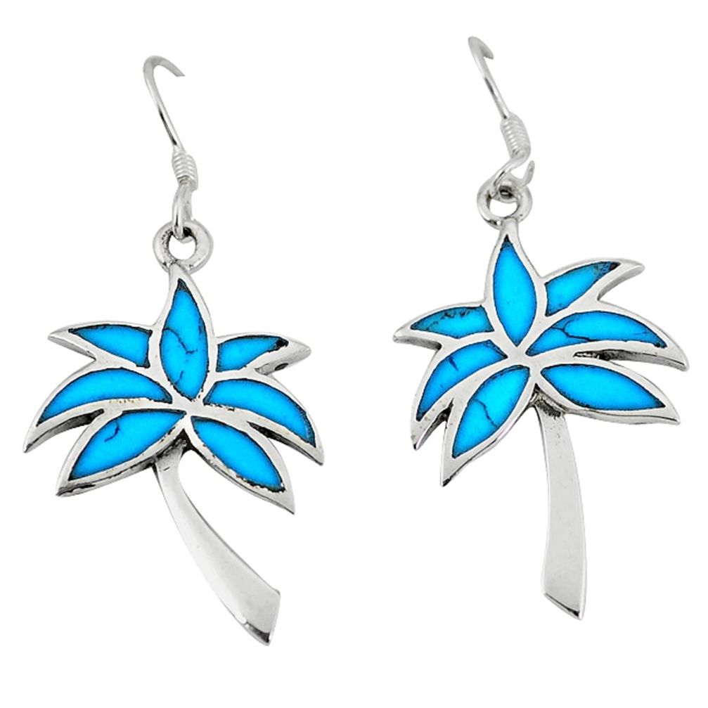 Clearance Sale-925 silver fine blue turquoise enamel dangle palm tree earrings jewelry a49675