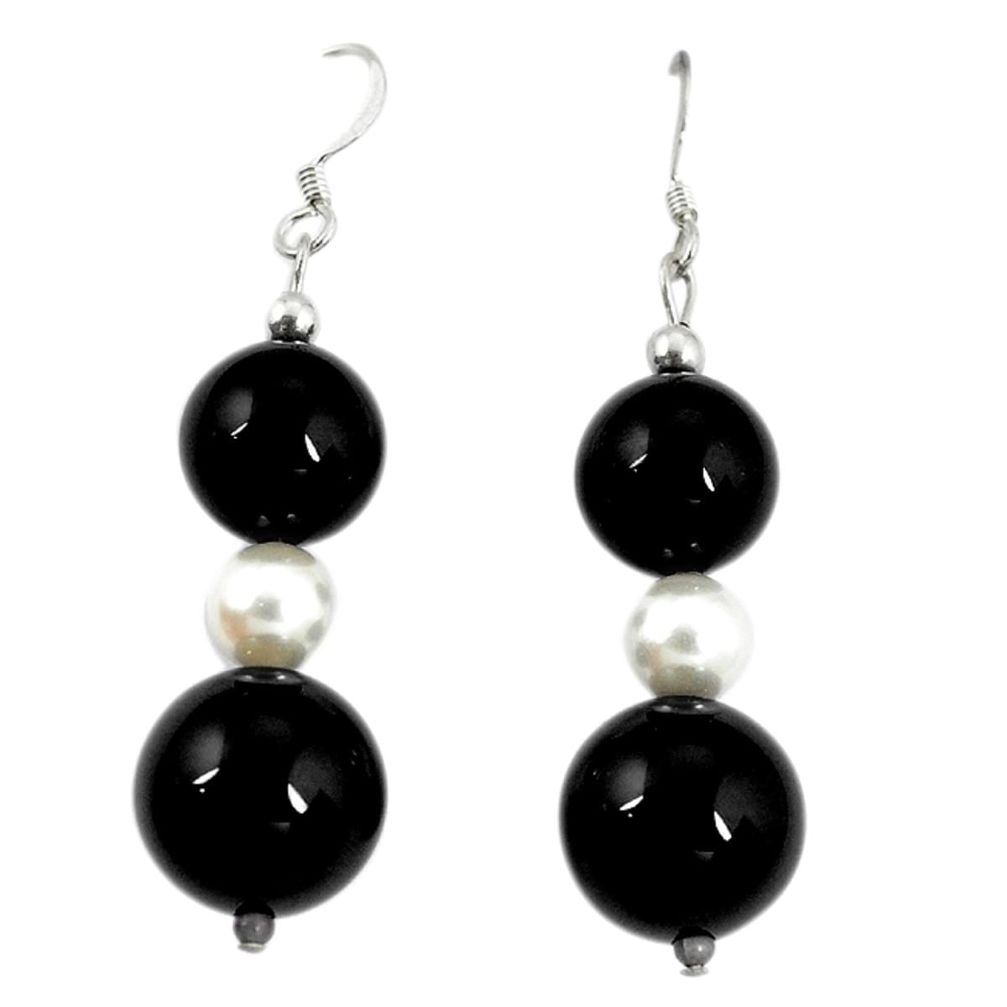 Natural black onyx white pearl 925 sterling silver earrings jewelry a49836
