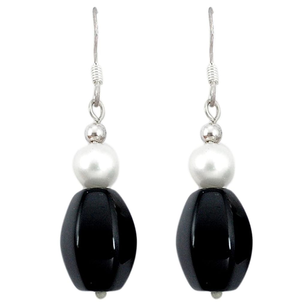 Clearance Sale-Natural black onyx pearl 925 sterling silver dangle earrings a49855