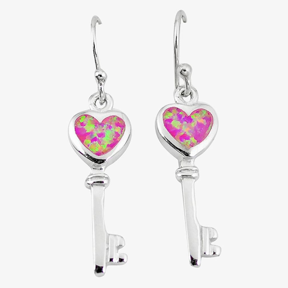 Clearance Sale-Pink australian opal (lab) 925 silver dangle gemexi key earrings a52551