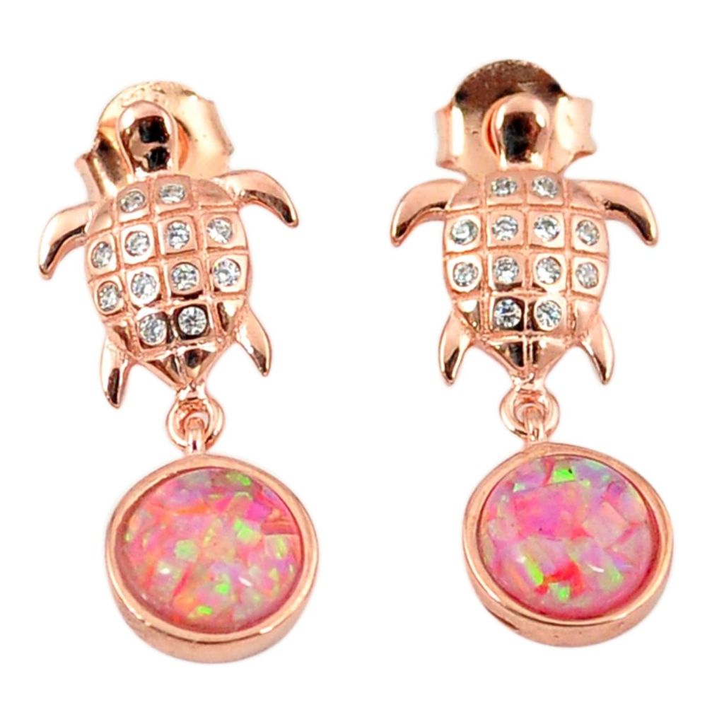 3.65cts pink australian opal (lab) 925 silver 14k gold tortoise earrings a62189