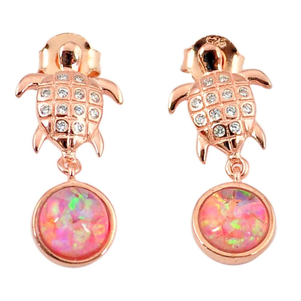 3.66cts pink australian opal (lab) 925 silver 14k gold tortoise earrings a62193