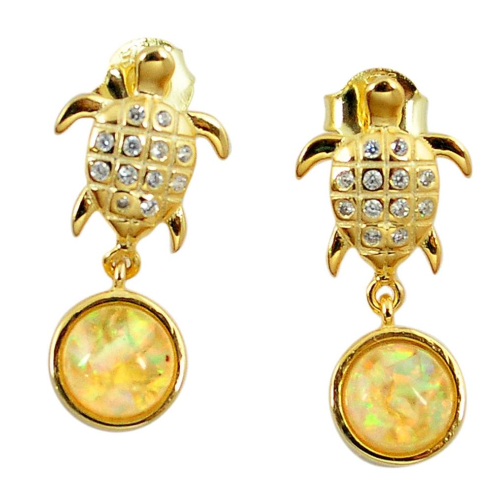 3.65cts white australian opal (lab) 925 silver 14k gold tortoise earrings a62199