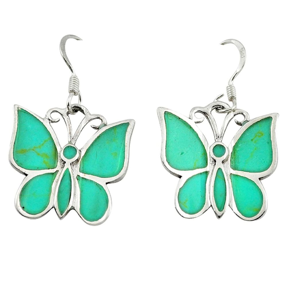 Fine green turquoise enamel 925 silver butterfly earrings jewelry a62663