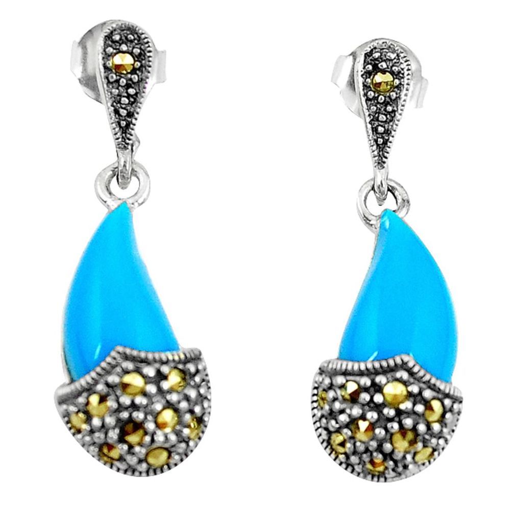 Blue sleeping beauty turquoise marcasite 925 silver dangle earrings a65332