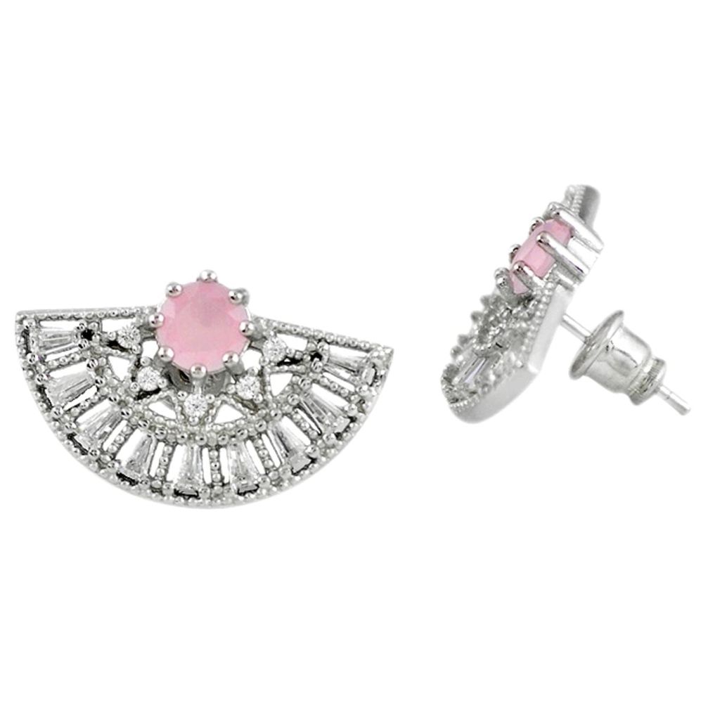 Natural pink rose quartz white topaz 925 sterling silver stud earrings a66255