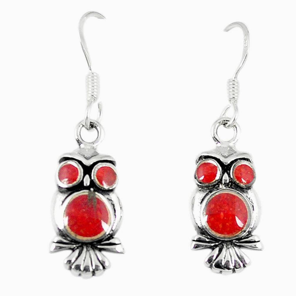 Red coral enamel 925 sterling silver owl earrings jewelry a66736