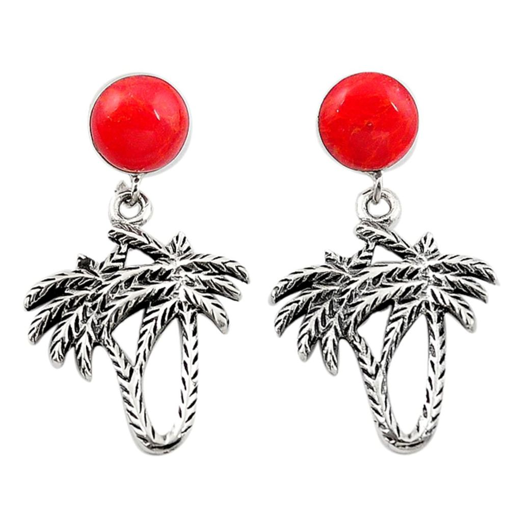 Natural red sponge coral 925 sterling silver dangle palm tree earrings a69429
