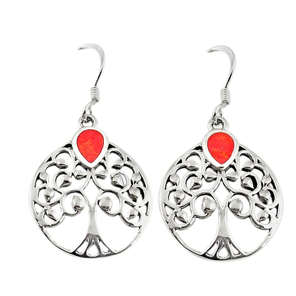 Red sponge coral enamel 925 sterling silver tree of life earrings a69463