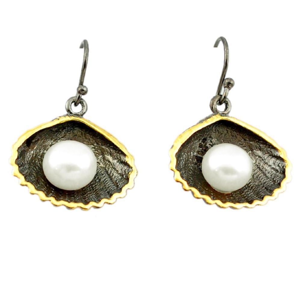 925 silver natural white pearl black rhodium 14k gold dangle earrings a70774