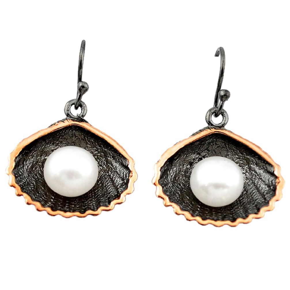 Natural white pearl black rhodium 925 silver 14k rose gold earrings a70798