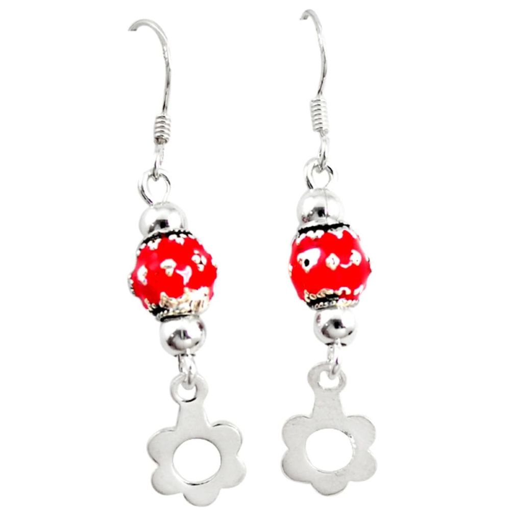 Red enamel 925 sterling silver dangle ball earrings jewelry a72523