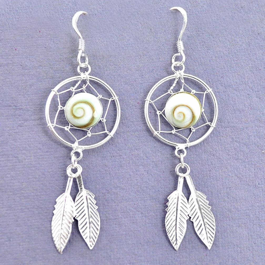 Natural white shiva eye 925 sterling silver dreamcatcher earrings a72535