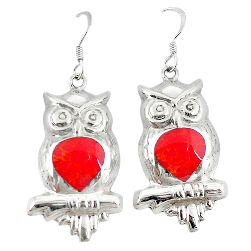 Red coral enamel 925 sterling silver owl earrings jewelry a72542