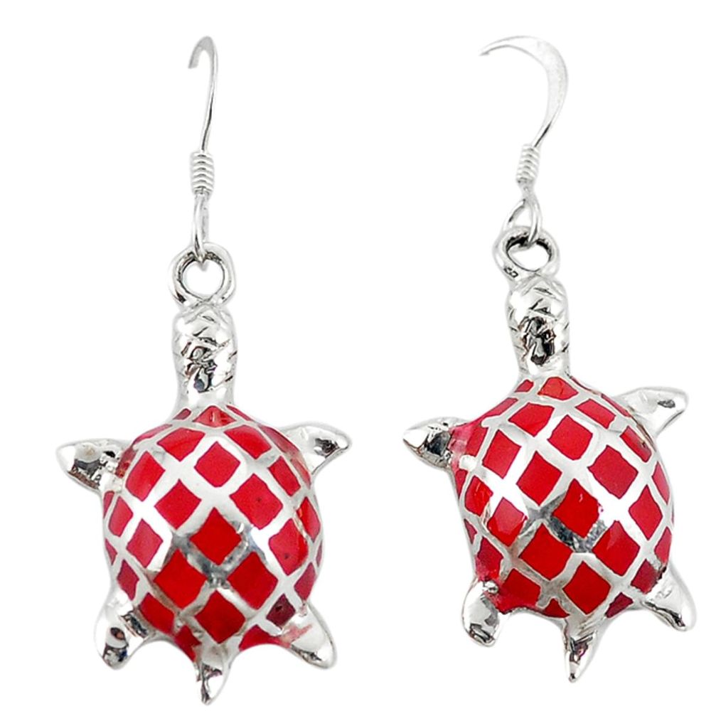 Red coral enamel 925 sterling silver tortoise earrings jewelry a72548