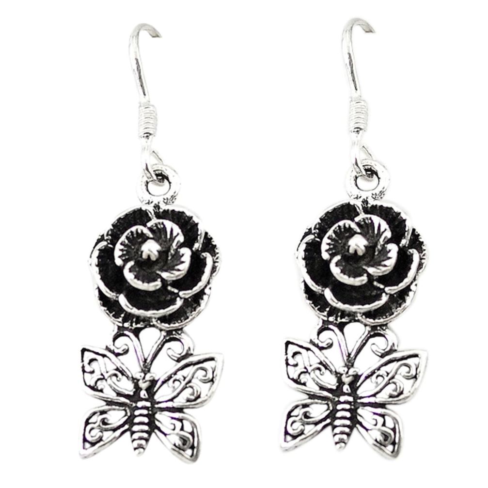 Indonesian bali style solid 925 silver butterfly with flower earrings a73798
