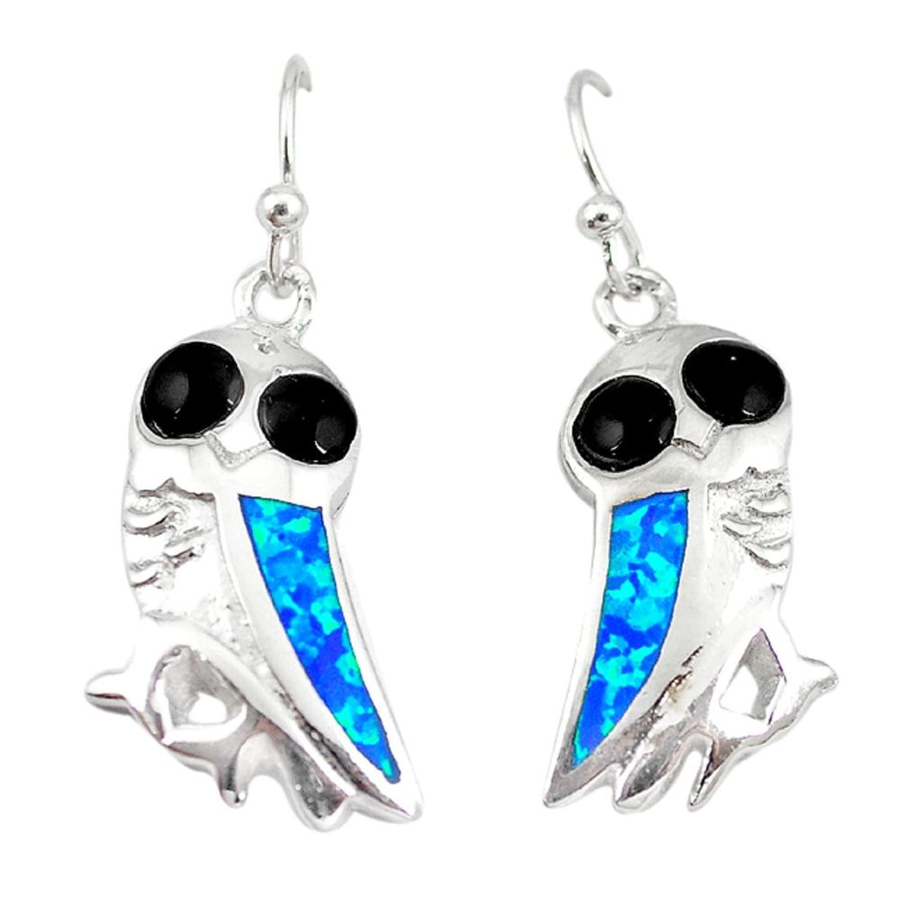 Blue australian opal (lab) onyx enamel 925 silver owl earrings jewelry a73906