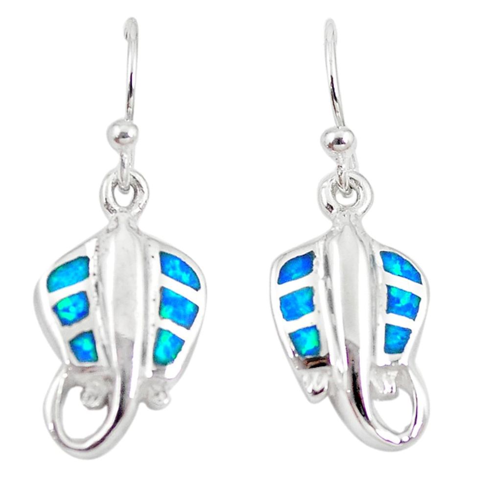 Blue australian opal (lab) enamel 925 silver fish earrings jewelry a73907