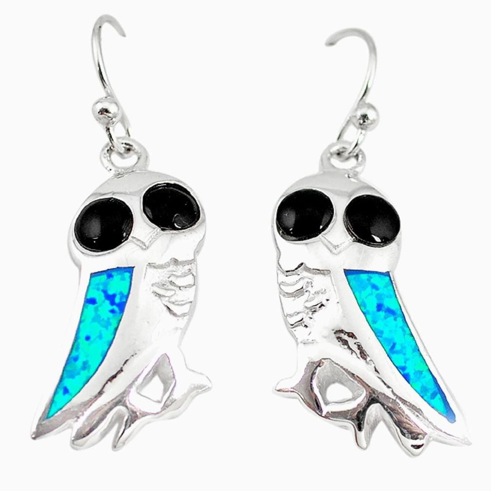 Blue australian opal (lab) onyx enamel 925 silver owl earrings jewelry a73914
