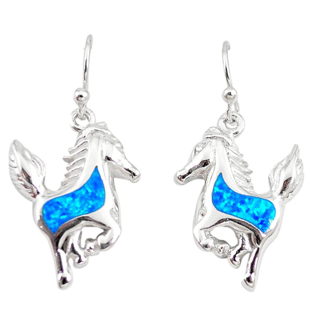 Blue australian opal (lab) enamel 925 silver horse charm earrings a73915