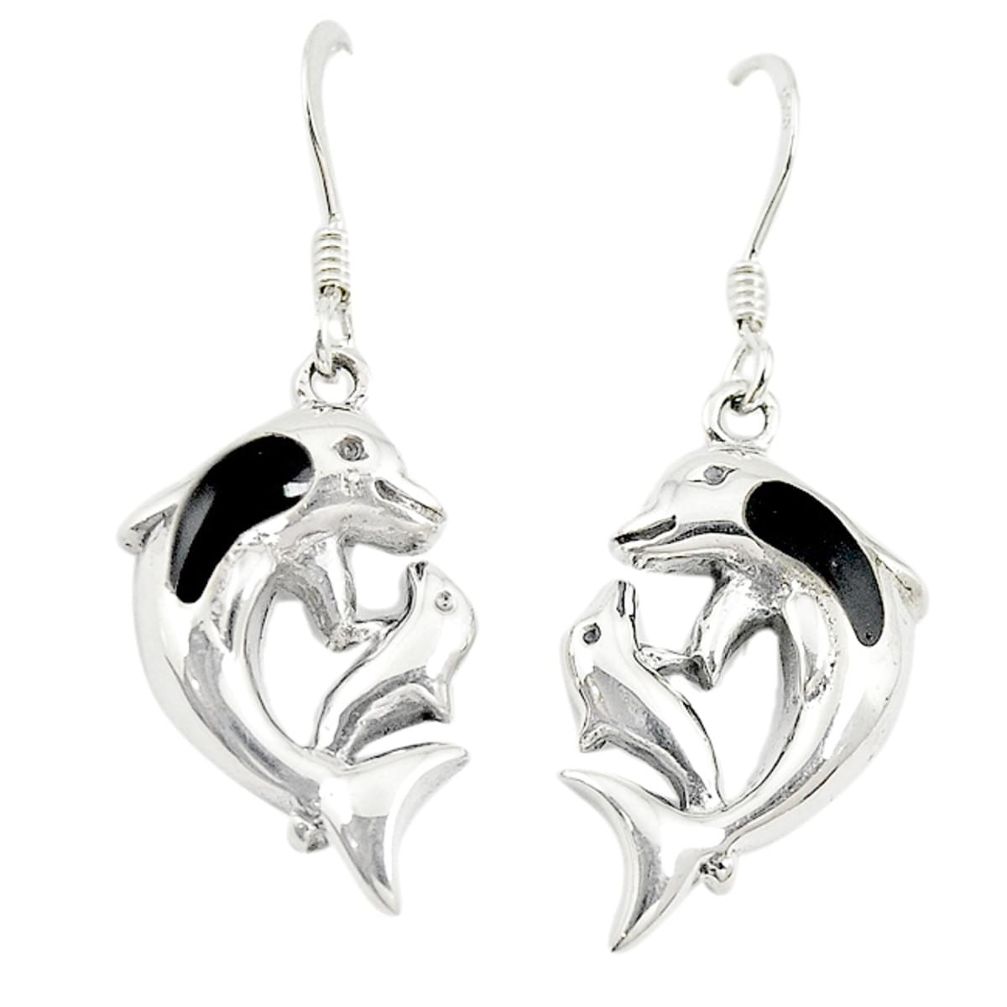 Black onyx enamel 925 sterling silver dolphin earrings jewelry a73948