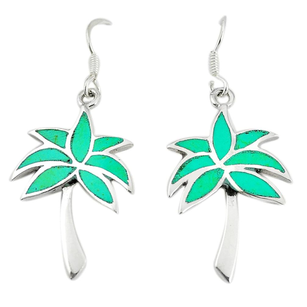 Fine green turquoise enamel 925 sterling silver dangle palm tree earrings a74689