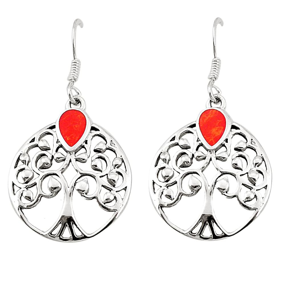 Red coral enamel 925 sterling silver dangle earrings jewelry a75546