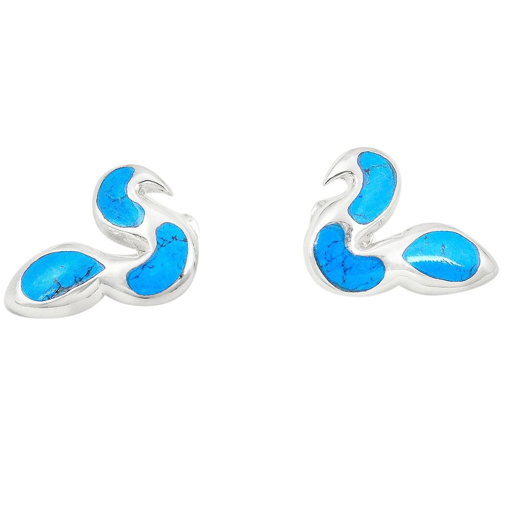 Fine blue turquoise enamel 925 sterling silver stud earrings jewelry a75886