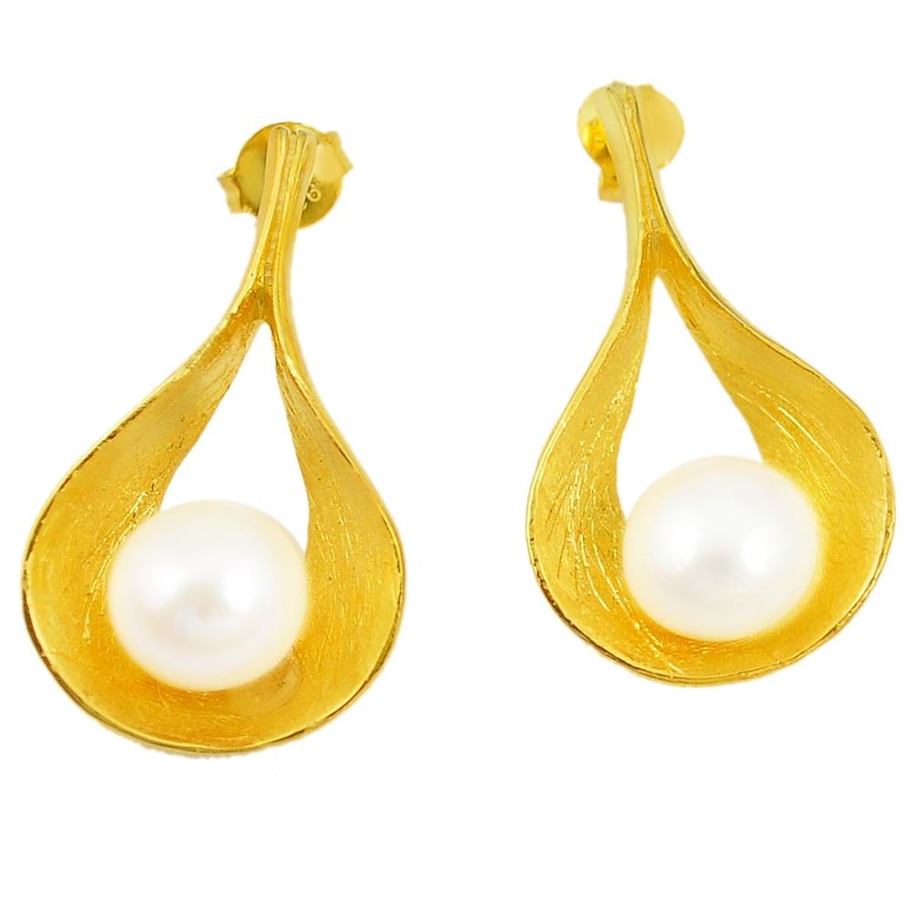 Natural white pearl 925 sterling silver 14k gold dangle earrings a77216