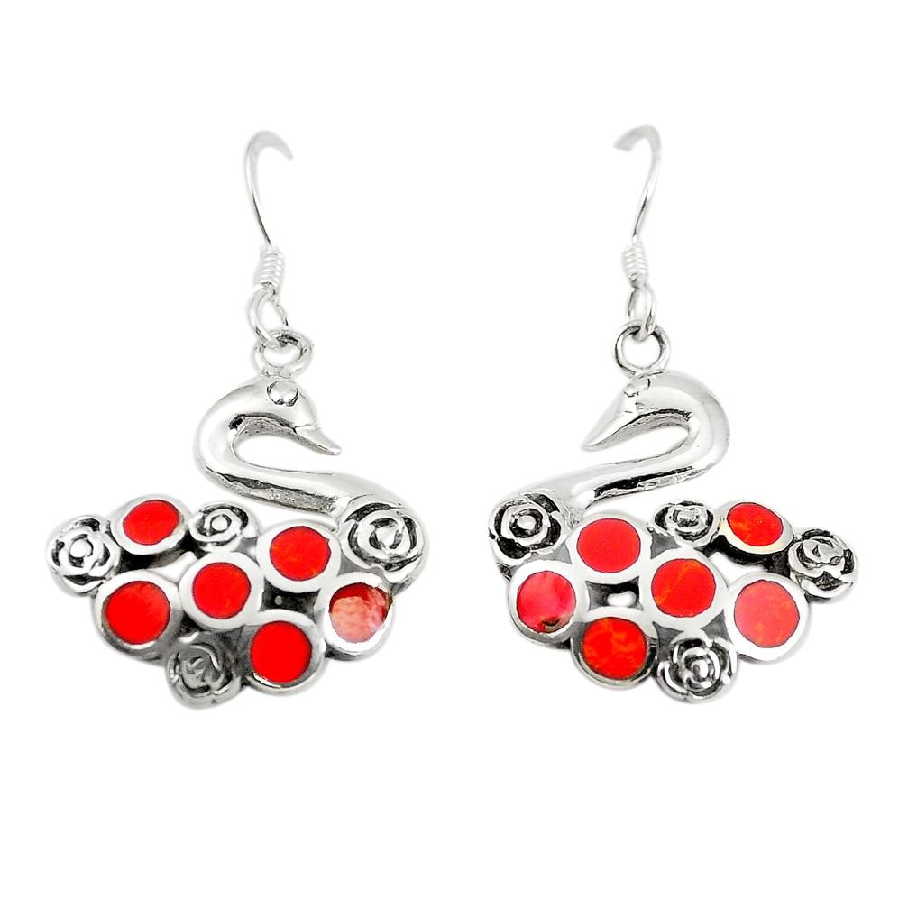 Red coral enamel 925 sterling silver dangle earrings jewelry a79812